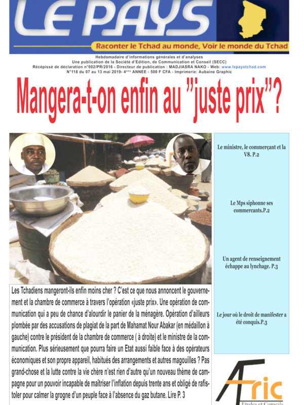A la Une de votre hebdomadaire no 118 à paraitre dans la matinée de ce mercredi 08 mai 2019 :