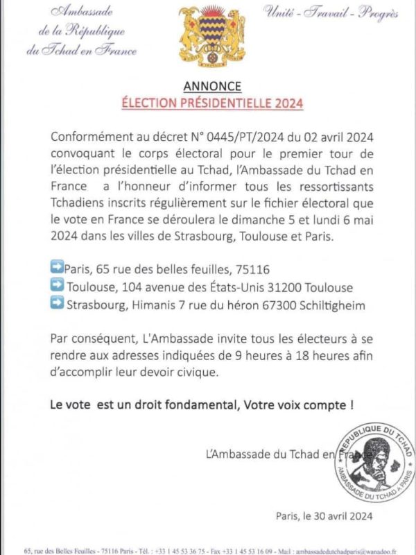 Élection présidentielle : la diaspora tchadienne en France appelée aux urnes les 5 et 6 mai