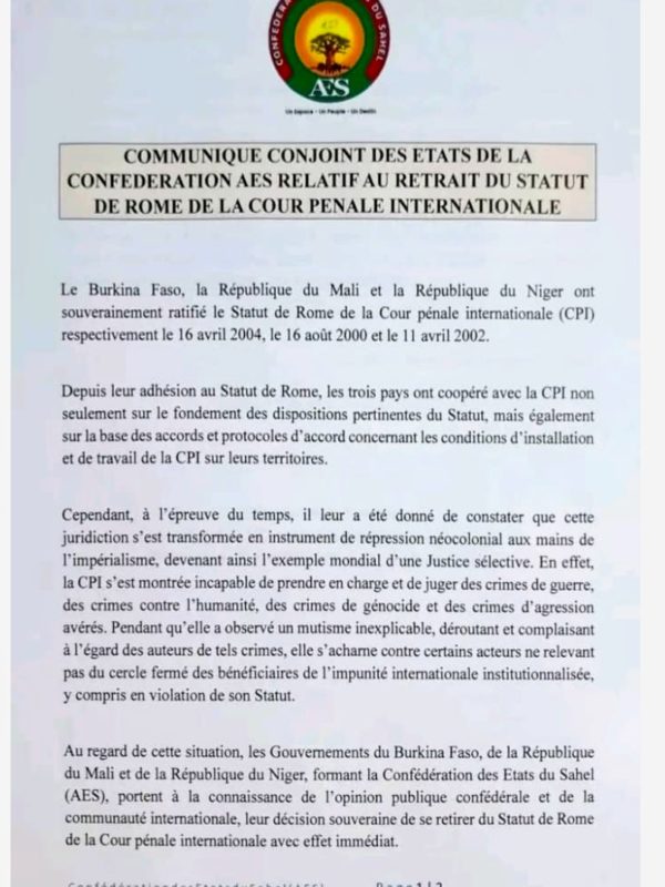 Les pays de l’AES  (Burkina Faso, Niger et Mali) se retirent de la Cour pénale internationale (CPI)