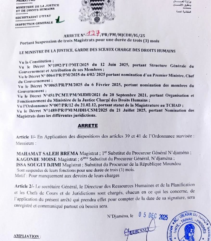 Justice : deux substituts du procureur général de N’Djamena et un de Moundou sont suspendus 1