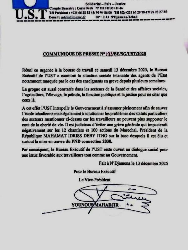 Tchad : l’UST menace d’une grève générale face à la crise sociale