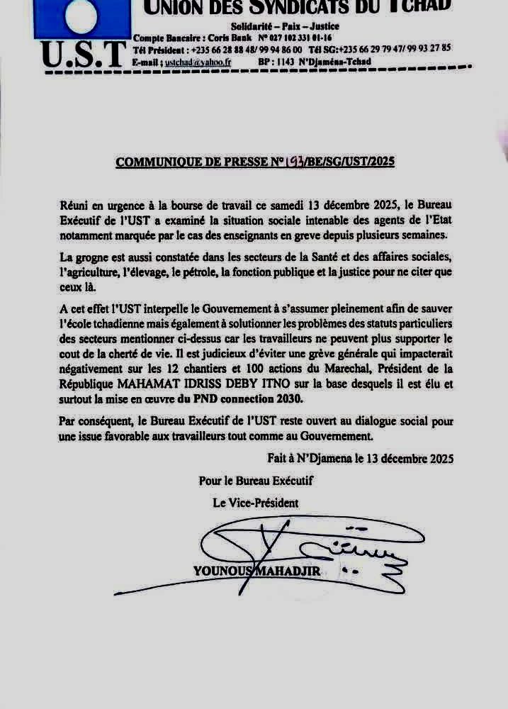 Tchad : l’UST menace d’une grève générale face à la crise sociale 1 Tchad : l’UST menace d’une grève générale face à la crise sociale 1