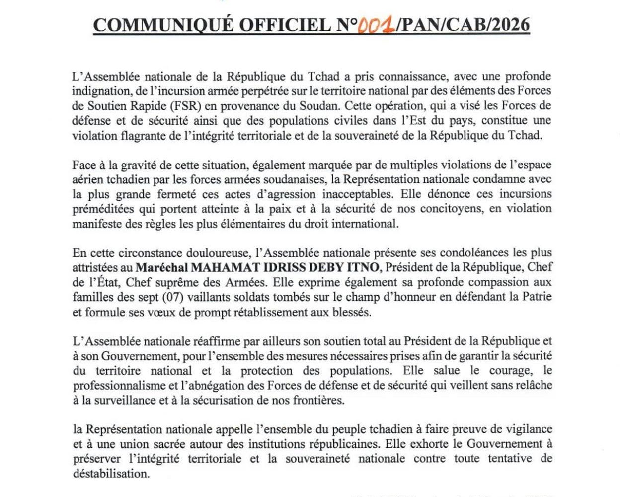 Tchad : l’Assemblée nationale dénonce la violation de l’intégrité territoriale par Fsr du Soudan 1