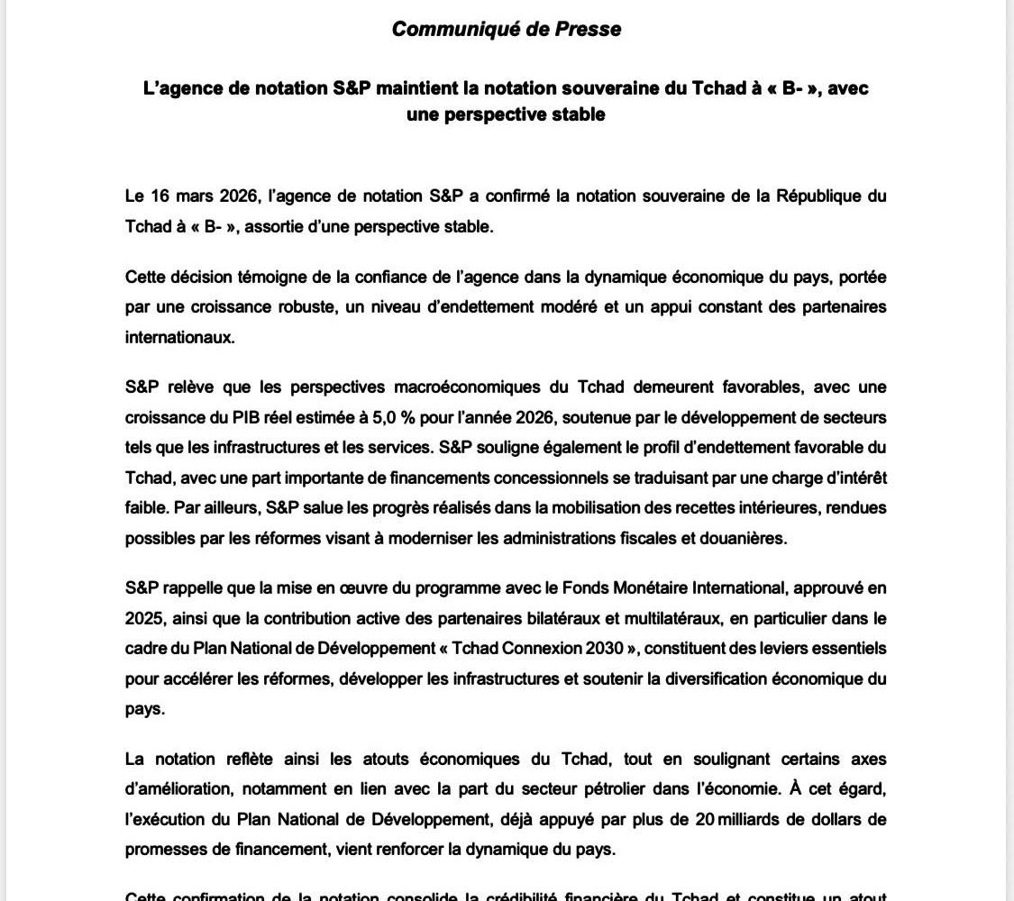 L'agence de notation S&P maintient le Tchad dans la notation souveraine « B- », avec une perspective stable 1 L'agence de notation S&P maintient le Tchad dans la notation souveraine « B- », avec une perspective stable 1