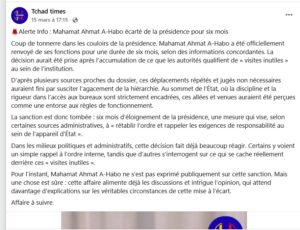 FAUX : Mahamat Ahmat Alhabo n’a pas été suspendu de la Présidence pour six mois 1 FAUX : Mahamat Ahmat Alhabo n’a pas été suspendu de la Présidence pour six mois 1