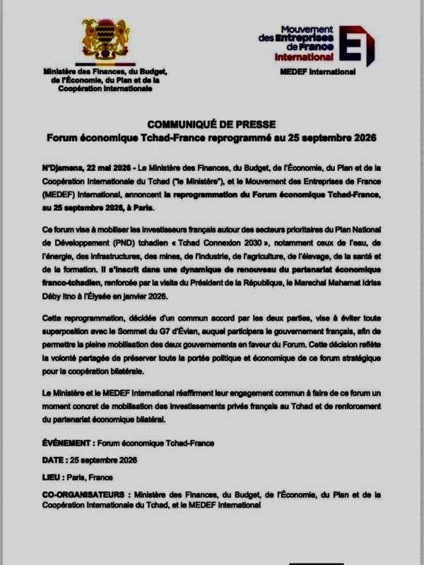 Le Forum économique Tchad-France reprogrammé au 25 septembre à Paris