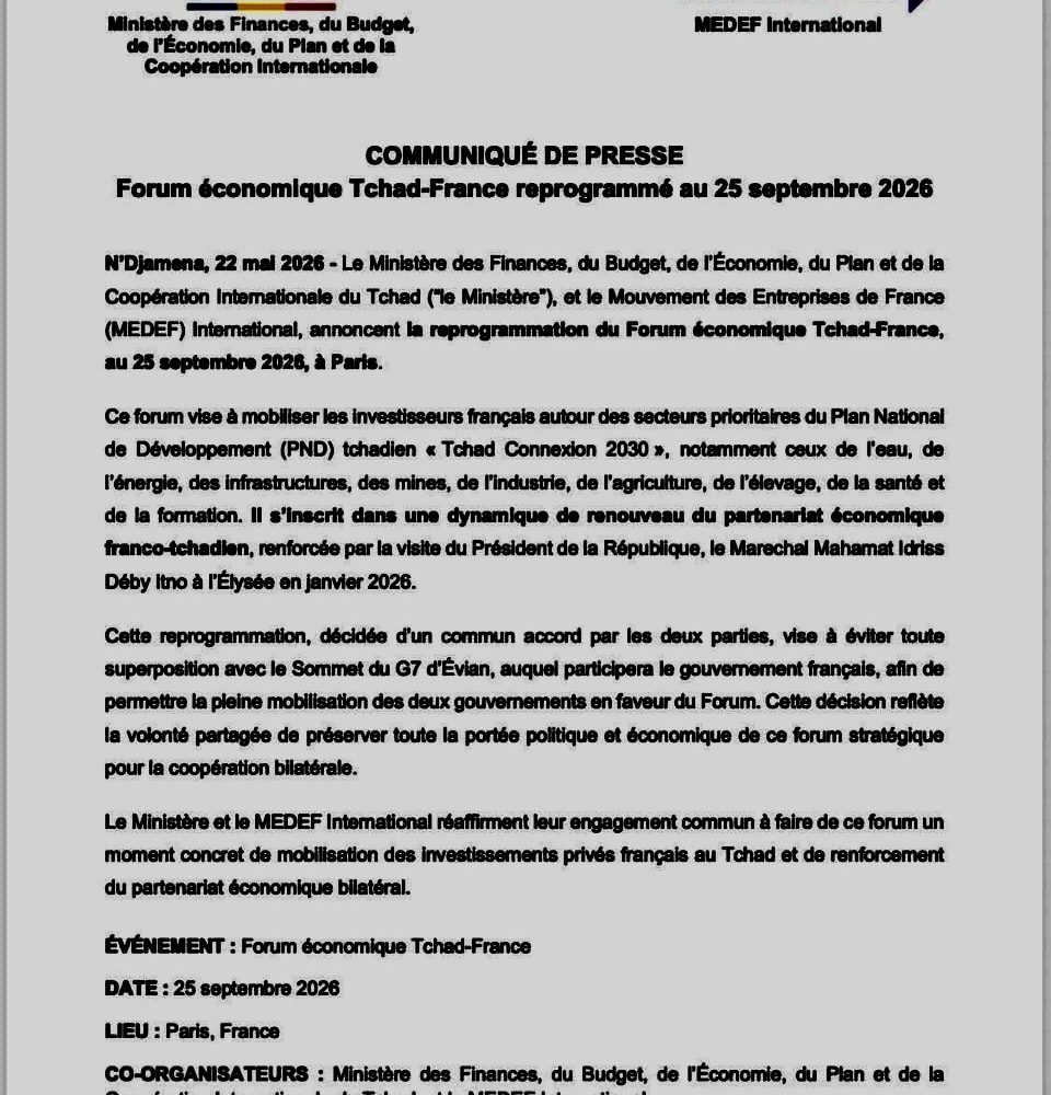 Le Forum économique Tchad-France reprogrammé au 25 septembre à Paris 1