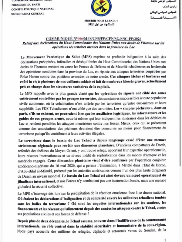 Lac Tchad : le MPS renvoie l&rsquo;ONU à ses responsabilités