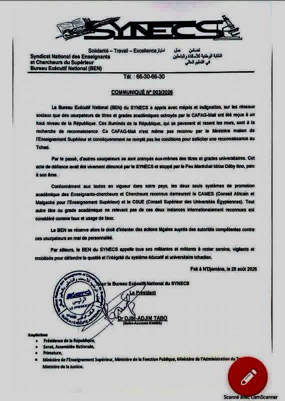 Tchad : le SYNECS conteste des titres académiques délivrés par le CAFAG-Mali 1
