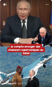 MANIPULÉE : Cette vidéo ne montre pas le président russe Poutine affirmant qu’il veut envoyer des chasseurs supersoniques au Sahel 2 MANIPULÉE : Cette vidéo ne montre pas le président russe Poutine affirmant qu’il veut envoyer des chasseurs supersoniques au Sahel 2
