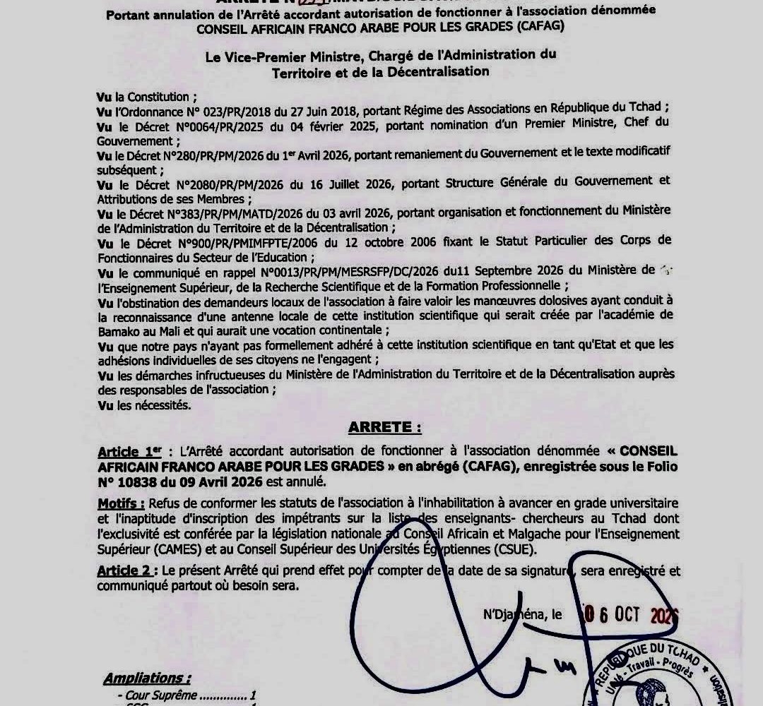 Tchad : l’autorisation de fonctionnement du CAFAG annulée pour non-conformité de ses statuts 1 Tchad : l’autorisation de fonctionnement du CAFAG annulée pour non-conformité de ses statuts 1