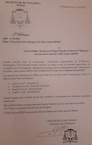 Programme officiel des obsèques de l’Abbé Dipou 1