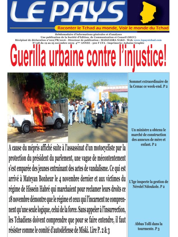 A la Une de votre hebdomadaire no 138 paru ce mardi 19 novembre 2019
