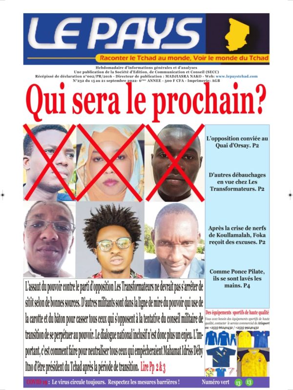 A la Une de votre hebdomadaire no 232 paru ce jeudi 15 septembre 2022