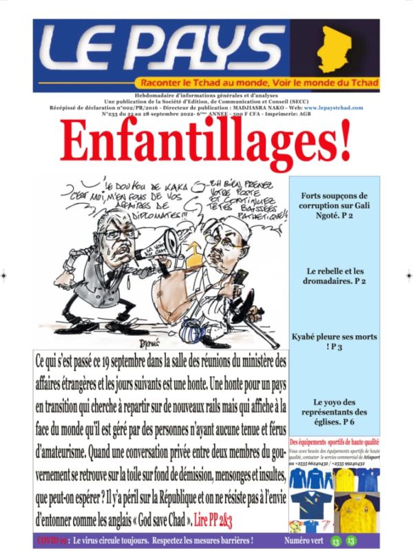 ﻿A la Une de votre hebdomadaire no 233 paru ce jeudi 22 septembre 2022