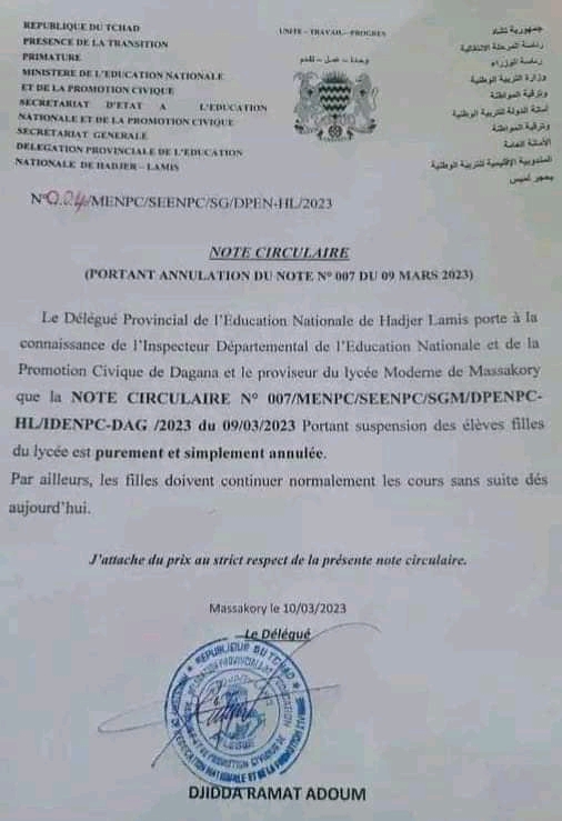 La note circulaire portant suspension des élèves filles du lycée moderne de Massakory est annulée 1