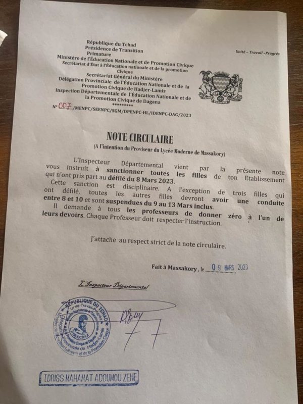 Des élèves sanctionnées à Massakory  pour leur absence au défilé du 8 mars