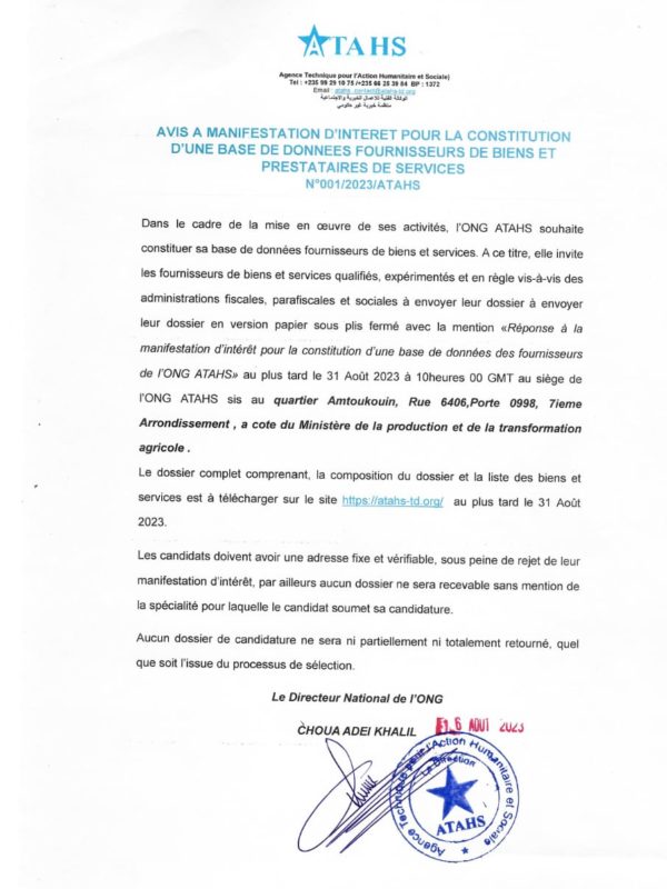 AVIS A MANIFESTATION D’INTERET POUR LA CONSTITUTION D’UNE BASE DE DONNEES FOURNISSEURS DE BIENS ET PRESTATAIRES DE SERVICES