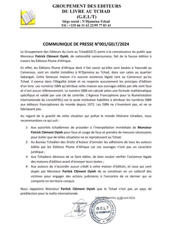 Le Gelt alerte sur l’illégalité de la maison d’éditions « Plume d’Afrique »