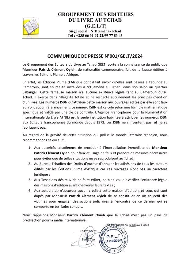 Le Gelt alerte sur l’illégalité de la maison d’éditions "Plume d’Afrique" 1