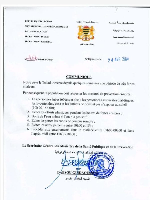 Fortes chaleurs au Tchad :   le ministère de la santé donne des consignes à la population