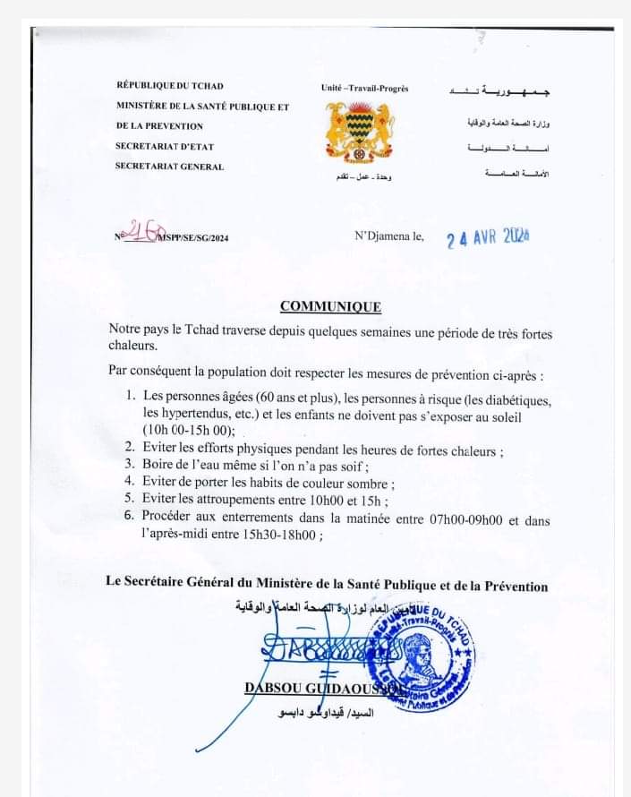 Fortes chaleurs au Tchad :   le ministère de la santé donne des consignes à la population 1