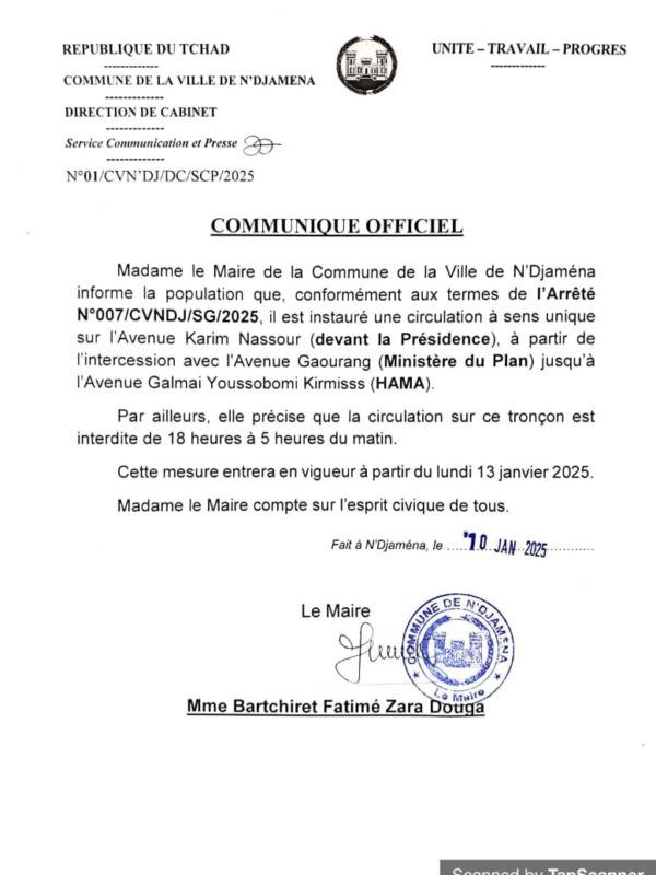 N’Djamena: circulation à sens unique instaurée sur l’avenue Karim Nassour (devant la Présidence) à partir du 13 janvier
