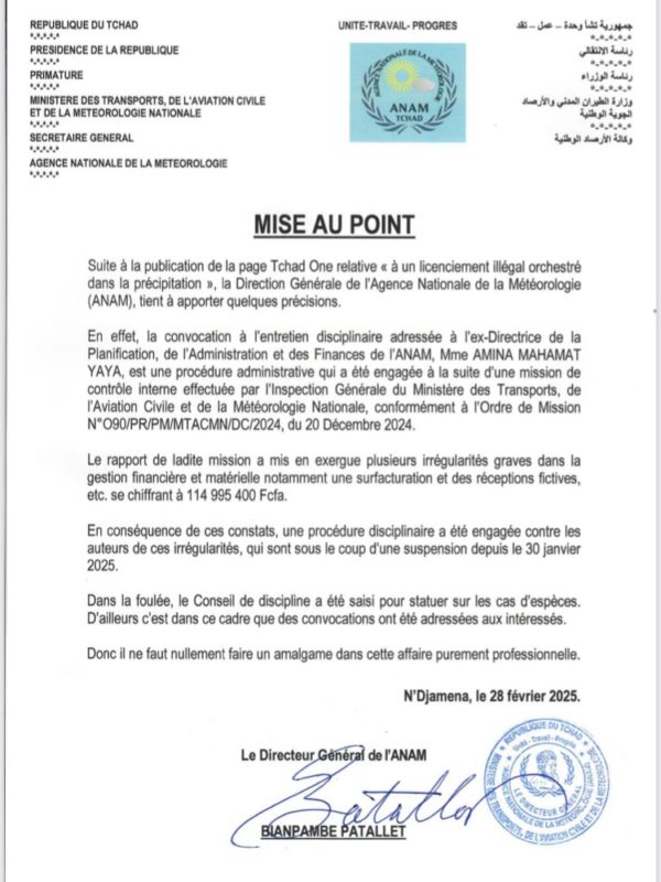 L’ANAM apporte des précisions sur les motifs de licenciement de l’ex Directrice de la Planification