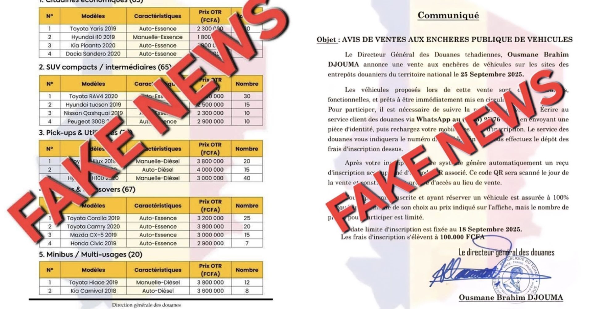 La Douane tchadienne alerte sur des  fausses annonces de vente aux enchères de véhicules 1
