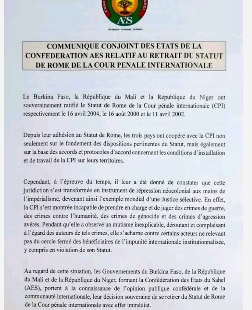 Les pays de l’AES  (Burkina Faso, Niger et Mali) se retirent de la Cour pénale internationale (CPI) 1