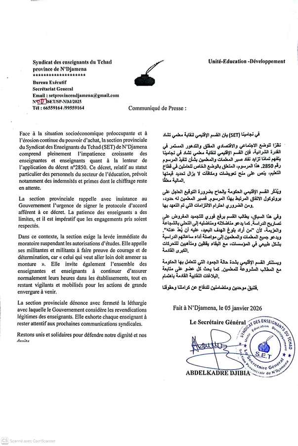Tchad : le SET de N’Djamena dénonce « léthargie avec laquelle le gouvernement considère leurs revendications » 1 Tchad : le SET de N’Djamena dénonce « léthargie avec laquelle le gouvernement considère leurs revendications » 1