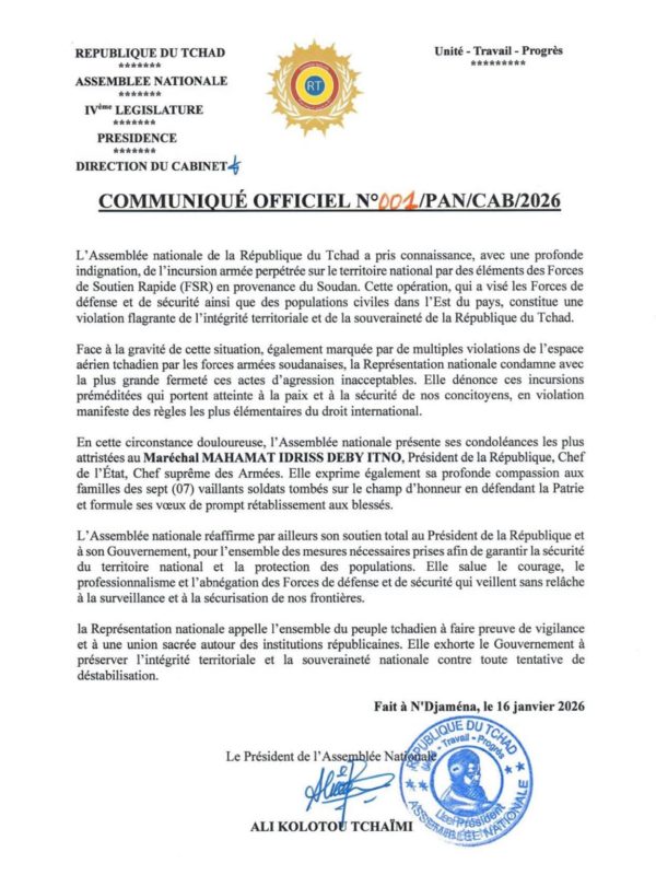 Tchad : l’Assemblée nationale dénonce la violation de l’intégrité territoriale par Fsr du Soudan