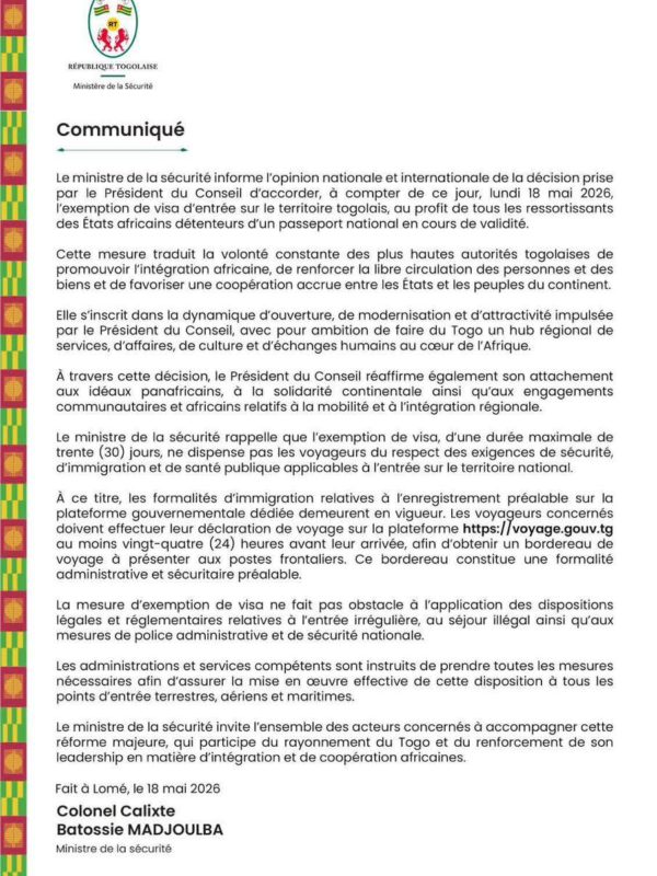 Le Togo supprime le visa pour tous les Africains