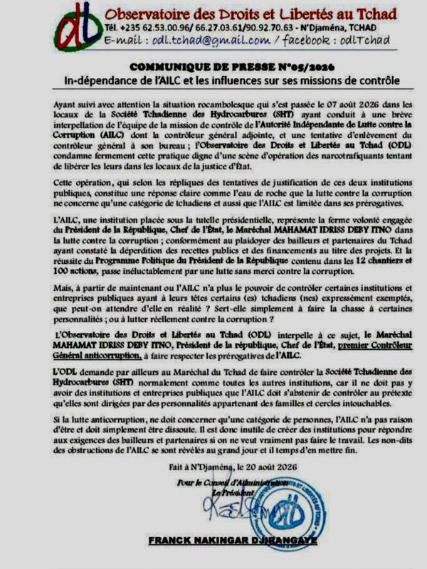 Incident à la SHT : l’ODL appelle à garantir l’exercice des missions de l’AILC