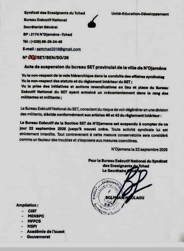 Éducation : le bureau provincial du SET à N’Djamena suspendu