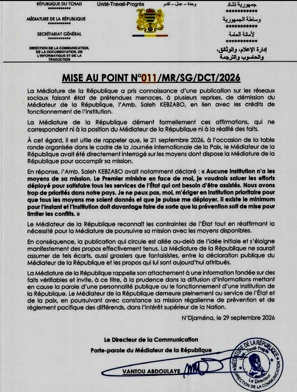 Tchad : la Médiature dément une prétendue menace de démission de Saleh Kebzabo 1 Tchad : la Médiature dément une prétendue menace de démission de Saleh Kebzabo 1